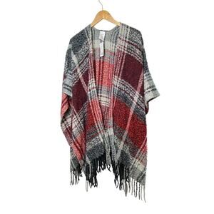 Woolrich Lydia Gray White Red Plaid Open Poncho Fringe Hem One Size Fits All NWT